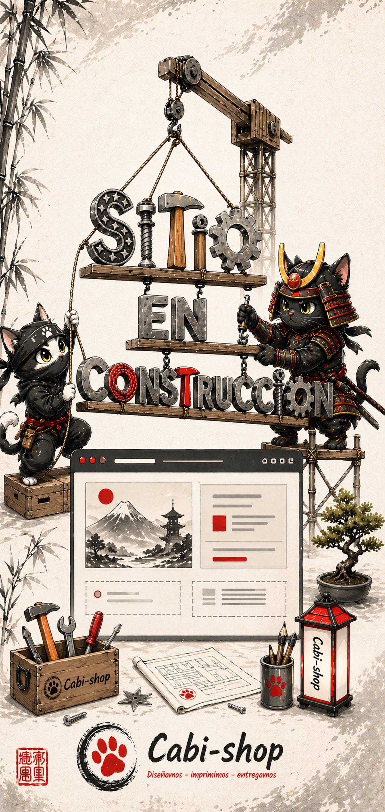Ilustración de Cabi-shop con gatos ninja y samurai construyendo un sitio web.
